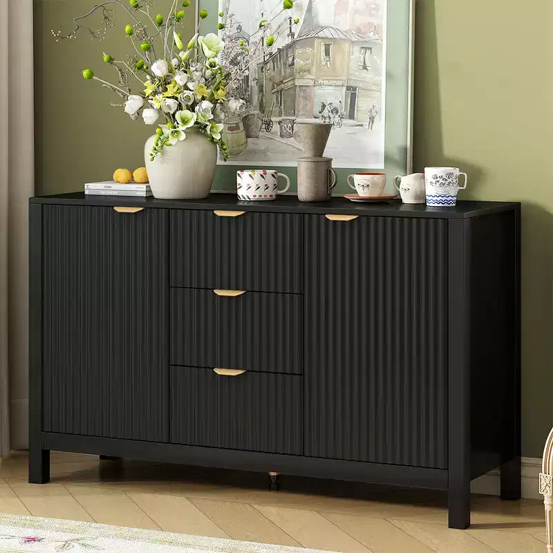 Entryway Cabinet with Wave Design, Adjustable Shelves, 3 Drawers & Soft-Close Doors, Storage Console Table W/Metal Handles, Suitable for Home