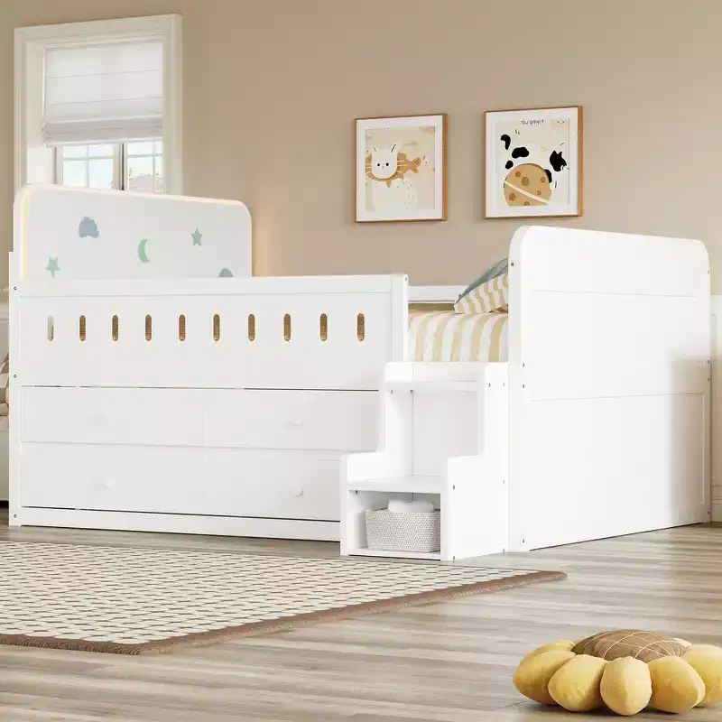 Whisen Wooden Full Size Bed & Bed Frame with Storage Drawers