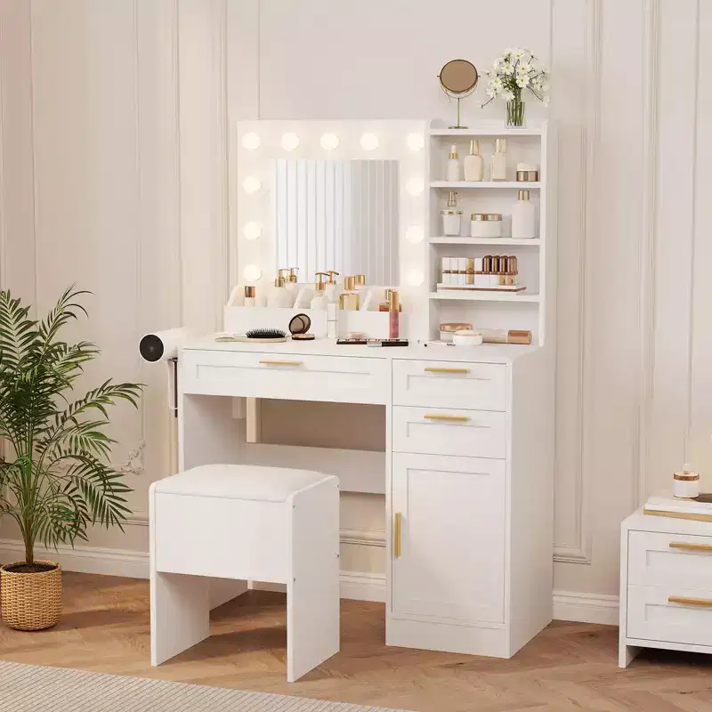 TROPOW Vanity Desk with Mirror and Lights, Makeup Vanity Set with Drawers & Cabinet & Chair, 3 Light Mode and Brightness Adjusted