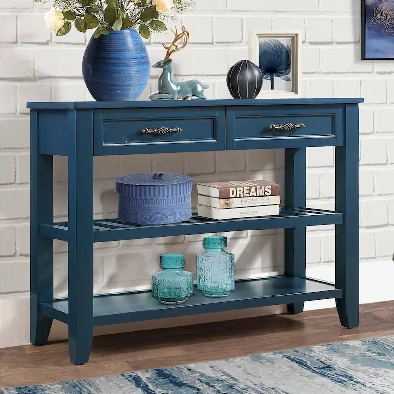 Mid-Century Style Console Sofa Table Solid Wood Buffet Sideboard with 2 Storage Drawers and 2 Tiers Shelves