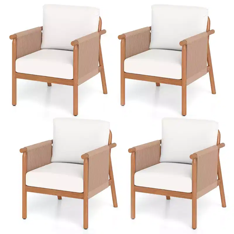 Gymax 4PCS Patio Armchair Acacia Wood w/ Seat Back Cushions