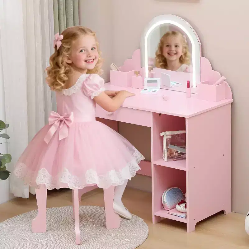 Acekool Kids Vanity with Lighted Mirror & Stool, Adjustable LED, Drawer, Storage Shelves, Makeup Desk for Girls Ages 3-9, White