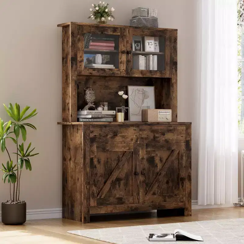 63 Kitchen Pantry Cabinet - Freestanding Hutch, Microwave Stand, 2 Drawers, 4 Doors, Adjustable Shelves, Kitchen Storage