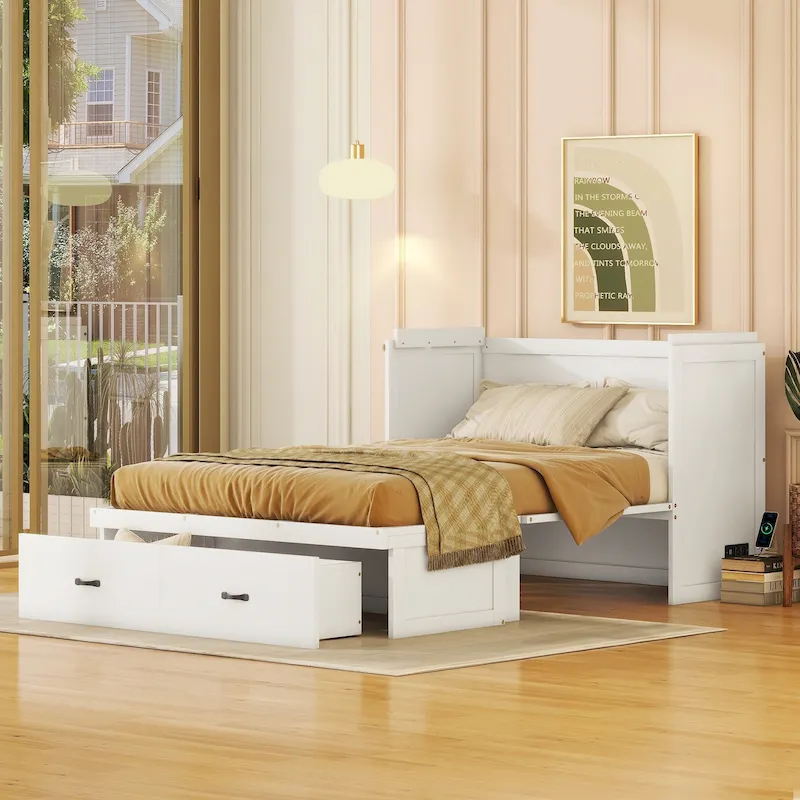 Full Pine Murphy Bed with USB & Drawer