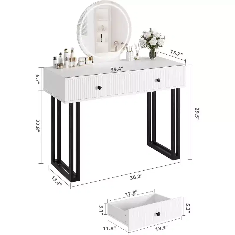 Vanity Makeup Desk with Lighted and Mirror, Adjustable Brightness,Modern Vanity Desk Table with 2 Drawers for Bedroom, Dressing Room