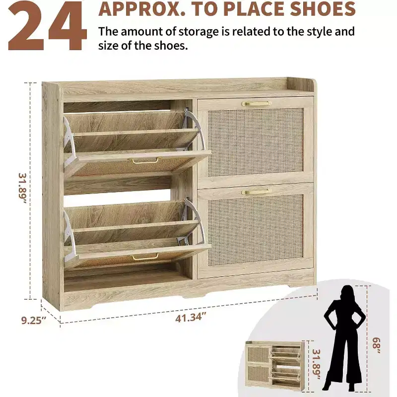 Rattan Shoe Storage Cabinet with 4 Flip Drawers, Hidden Shoe Storage Organizer Cabinet