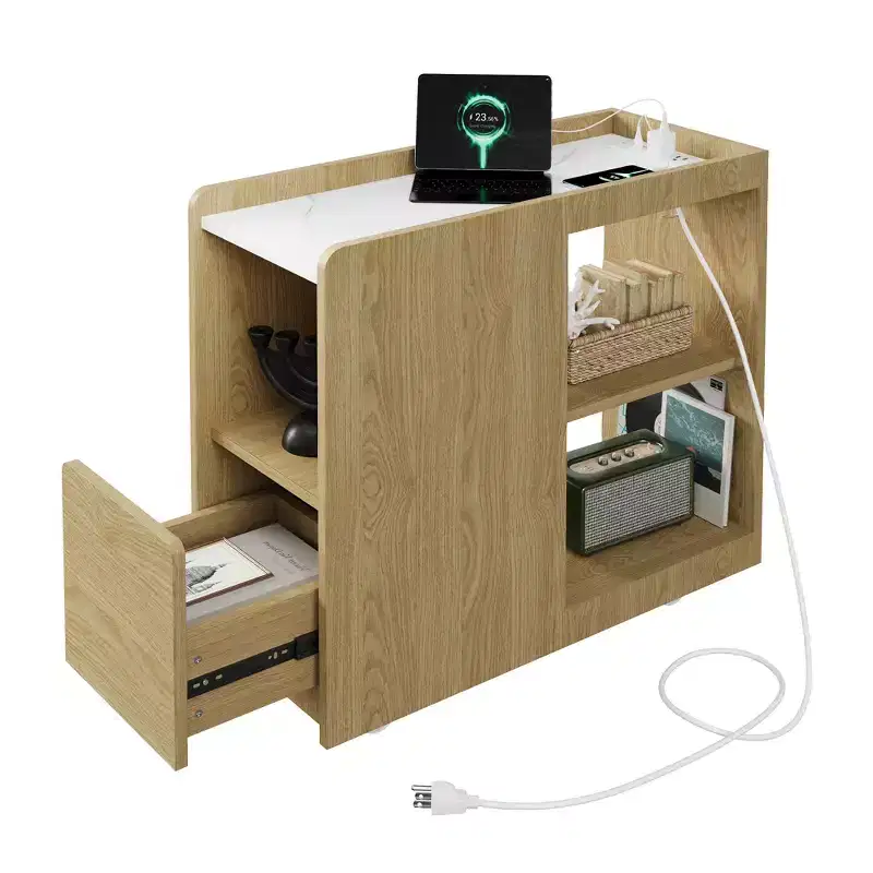 Nightstand with Charging Station, Bedside Table with Drawer and Adjustable Shelf, Side Table with 2 AC Outlets