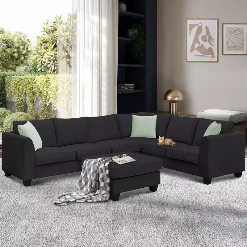 Whisen Minimalist Style L-shaped Modular Sectional Sofa, Living Room Set Includes Ottoman and Pillows