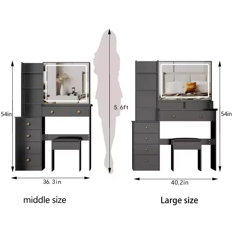 41-Inch Natural Makeup Vanity Desk with Touch-Control LED Mirror, Cabinet Storage, Side Cabinet and Matching Stool for Bedroom