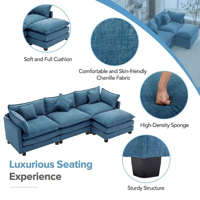 112 Modern L-Shape Chenille Upholstered Sofa with 5 Pillows