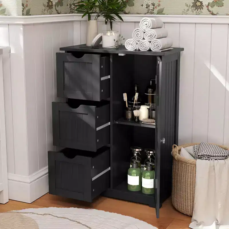 Bathroom Floor Cabinet Side Storage Cabinet with 3 Drawers and 1 Cupboard