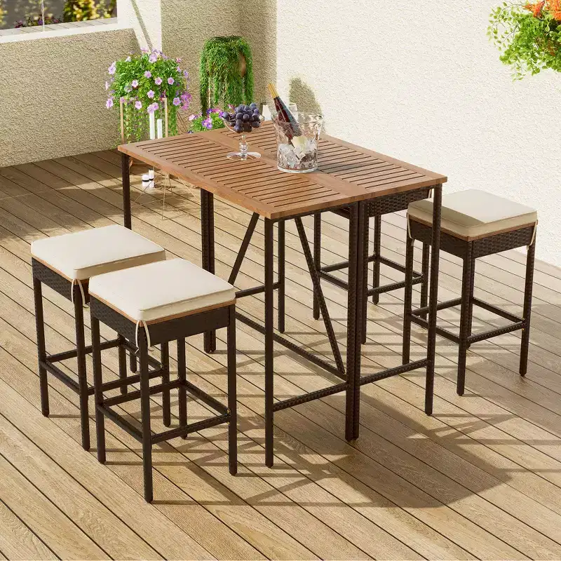 5-Piece Outdoor Patio Wicker Bar Set with Foldable Acacia Wood Top with 4 Stools and 1 Table,Brown - ModernLuxe