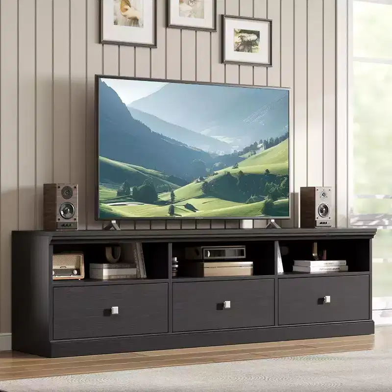 70in Entertainment Center with Storage Drawer, Mid-Century Modern TV Console with Open Shelves, Media TV Cabinet