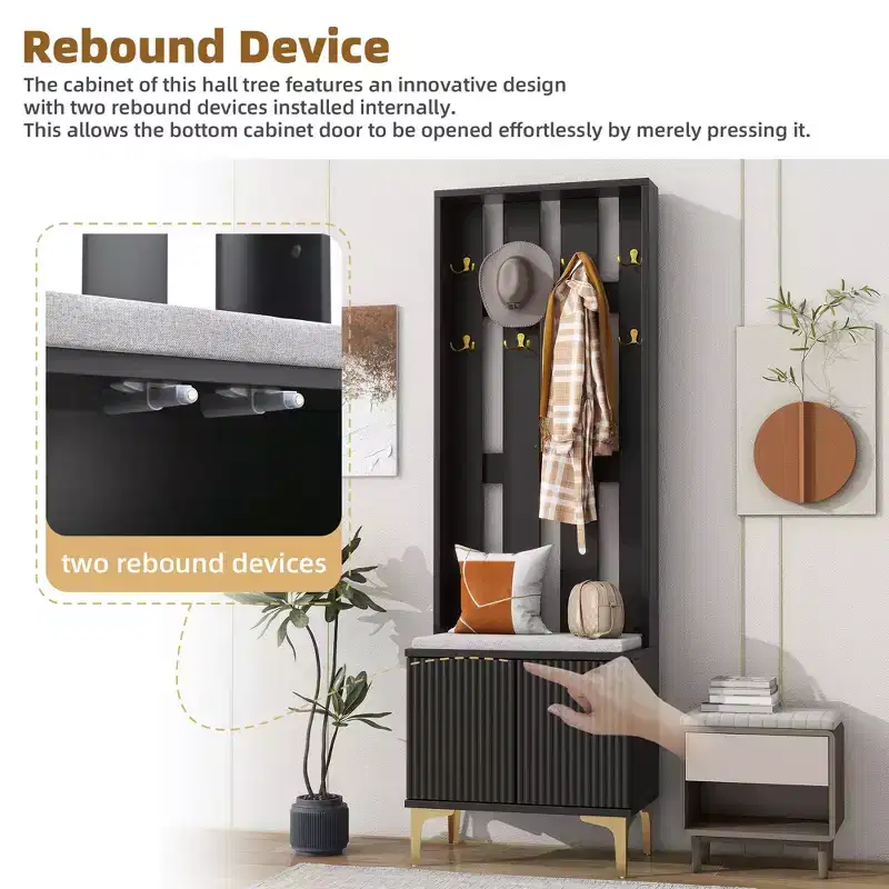 Modern Hall Tree with Cushion Bench and Adjustable Shelves, Storage Rack with 8 Gold Hooks and Legs, Coat Tree for Living Room, Hallway, Black