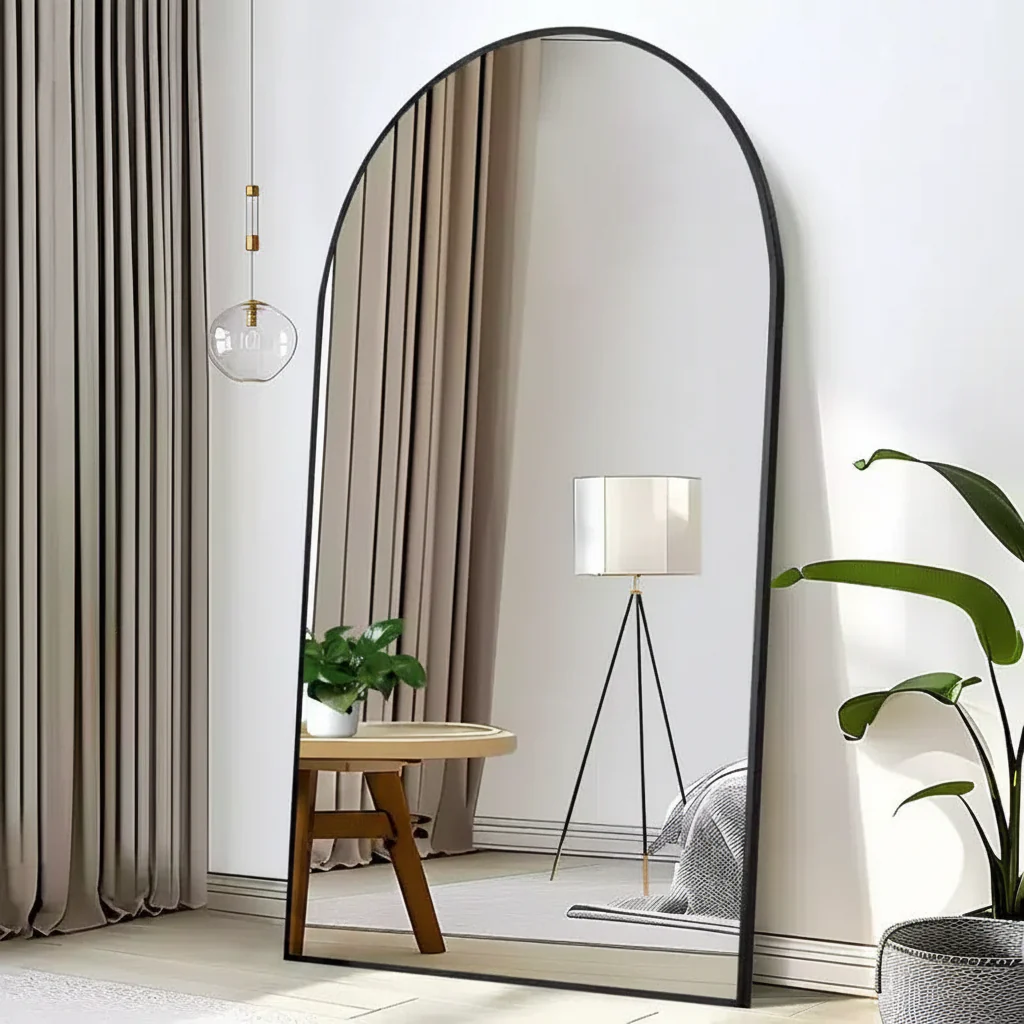 39 in. W. x 71 in. H Full Length Arched Free Standing Body Mirror Metal Framed Wall Mirror Large Floor Mirror in Black