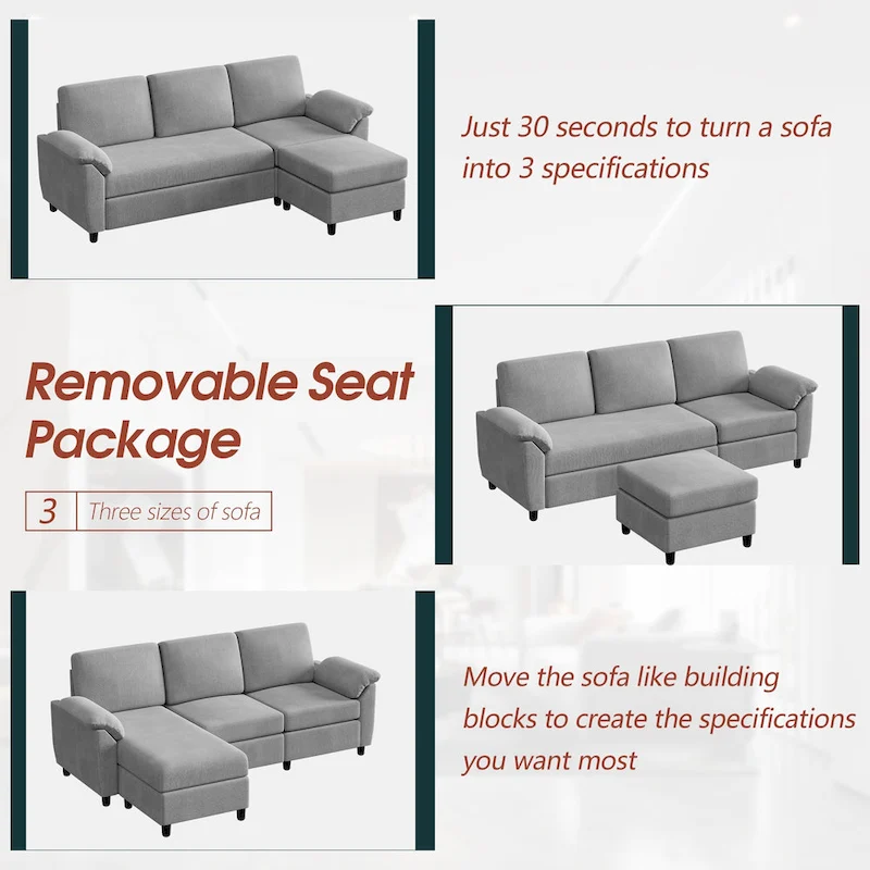 Futzca Sectional Sofa Couch, 3 Seat L Shaped Sofa with Removable Pillows