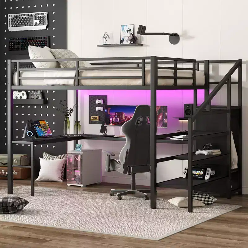 Metal High Loft Bunk Bed with L-Shaped Desk, USB, Wardrobe & LED, for Adults Teens Kids