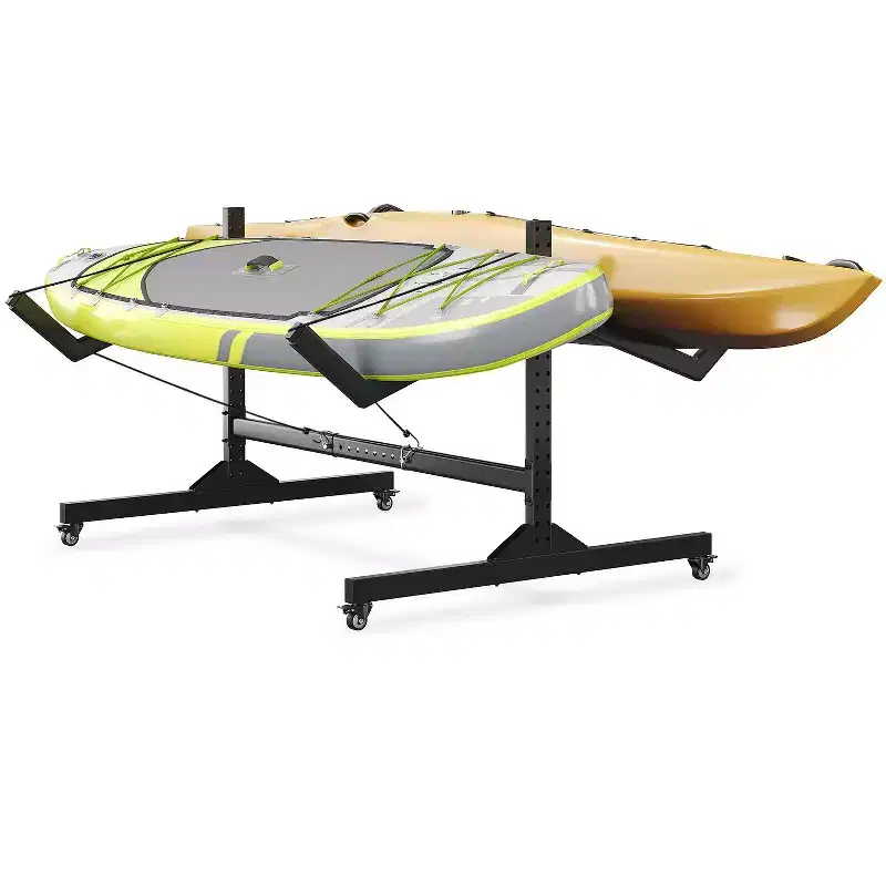 2-Kayak Freestanding Steel Storage Rack with Wheels, Adjustable Width and Hanging Straps
