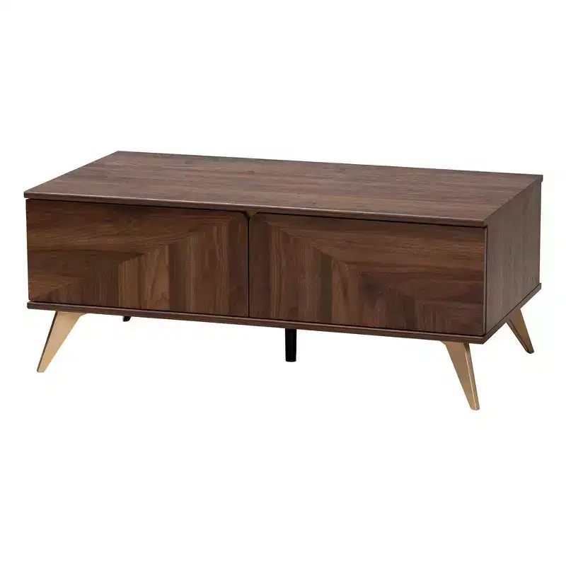 2-Drawer Wooden Coffee Table - Walnut Brown & Gold | Mid-Century Storage