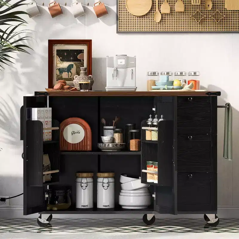 Okak Farmhouse Kitchen Island with Power Outlet, Kitchen Island On Wheels with Internal Storage Rack, Drop Leaf and Spice Rack for Dining Room