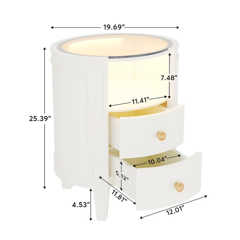 Round Nightstand with 2 Drawers, LED Light and Open Shelf – 25.5 Inch Tall