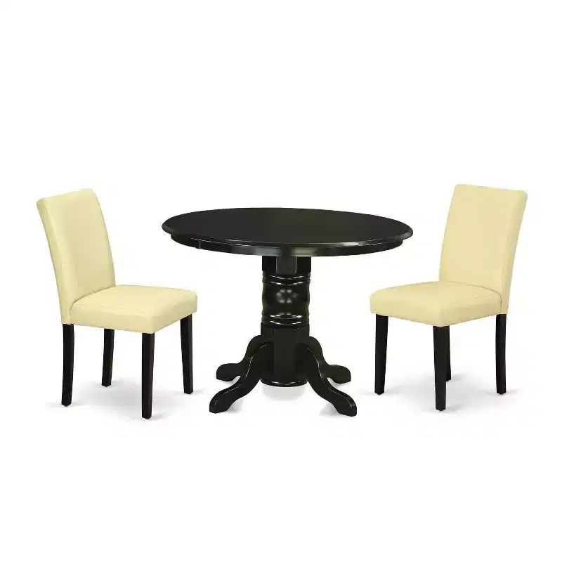 Round Dining Table Set 3pc 42 Inch Table w/ 2 Parsons Chairs - Eggnog PU Leather & Black Legs