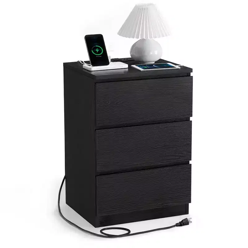 VASAGLE Nightstand with Charging Station, Bedside Table, Side End Table with 3 Drawers, 2 AC Outlets, 2 USB Ports, Beveled Drawer Fronts
