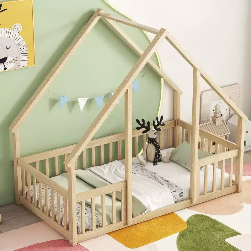 GDFStudio Dyras Modern Wooden House-Shaped Floor Bed with Fence and Guardrails