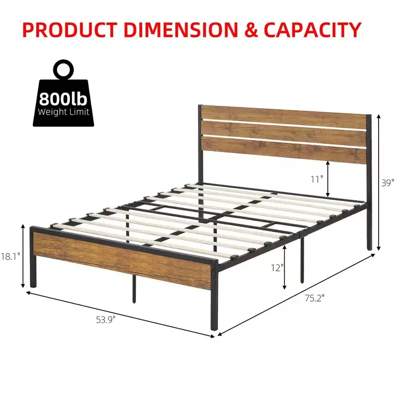 Bed Frame with Headboard - Industrial Metal Frame with Under Bed Storage, Noise-Free