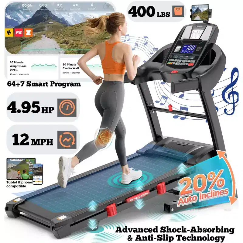 4.95HP Folding Treadmill for Home/Office with Auto Incline, 300 lbs Capacity, Running Machine with Bluetooth Speaker