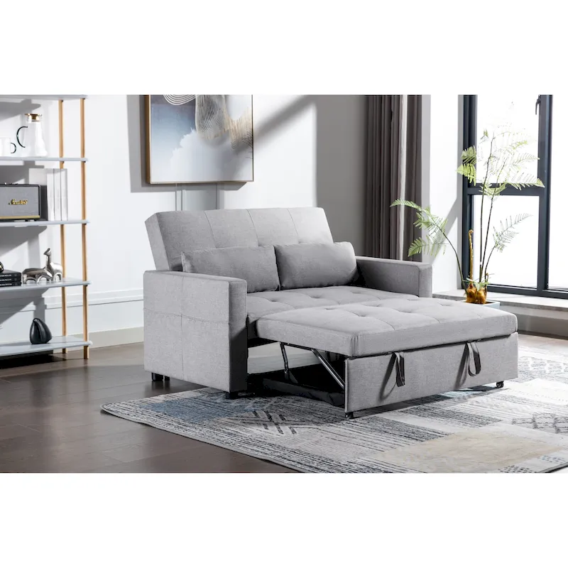 55.12 3-in-1 Linen Convertible Loveseat Sofa Bed with Side Pocket and Pillows