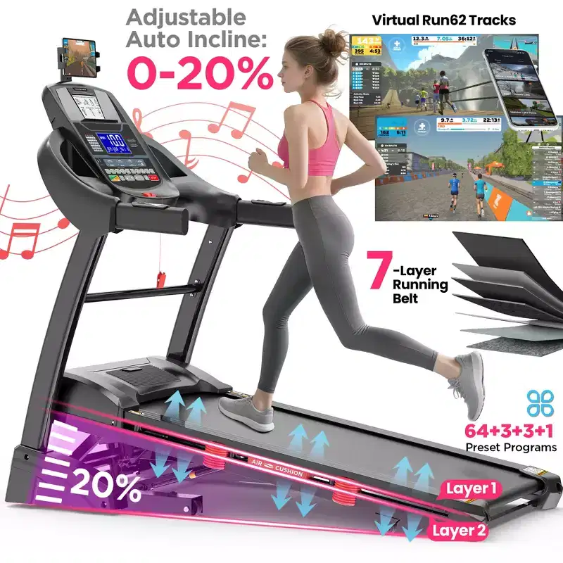 5HP Foldable Treadmill w/ 20 Auto Incline,400LB Treadmill for Home Jogging Walking,App Control,71 Program,12MPH for Varied Intensity, Shock Absorption