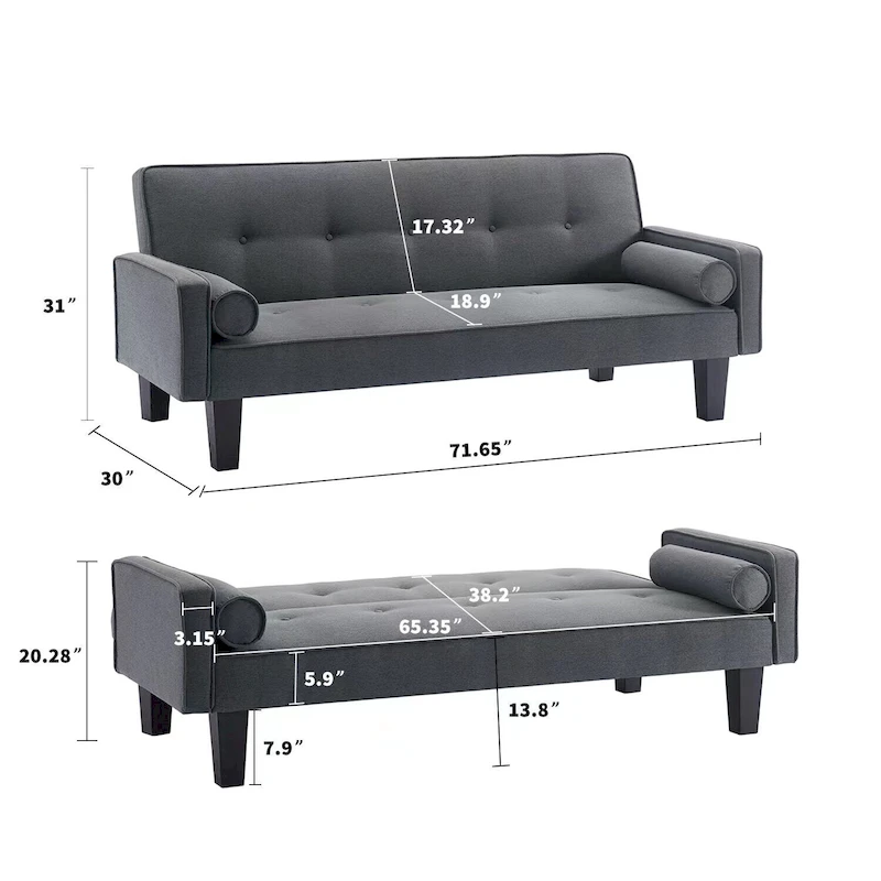 Linen Fabric Modern Convertible Sofa Bed with Removable Armrests