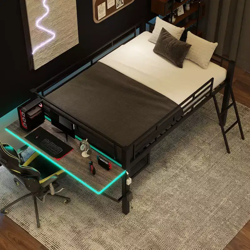 92.8''L X 41.7''W Gaming Style Black Metal Loft Bed With Built In Desk, Ladder And Shelf