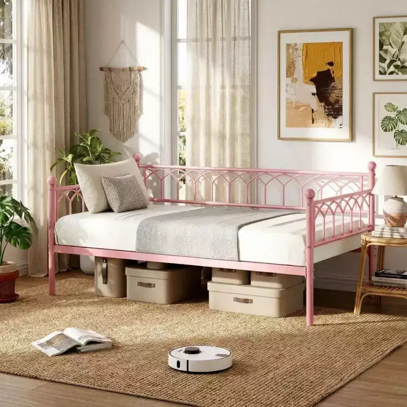 COZONY Twin Size Daybed / Trundle Bed Frame, Steel Slat Support, Locking Wheels, Pink