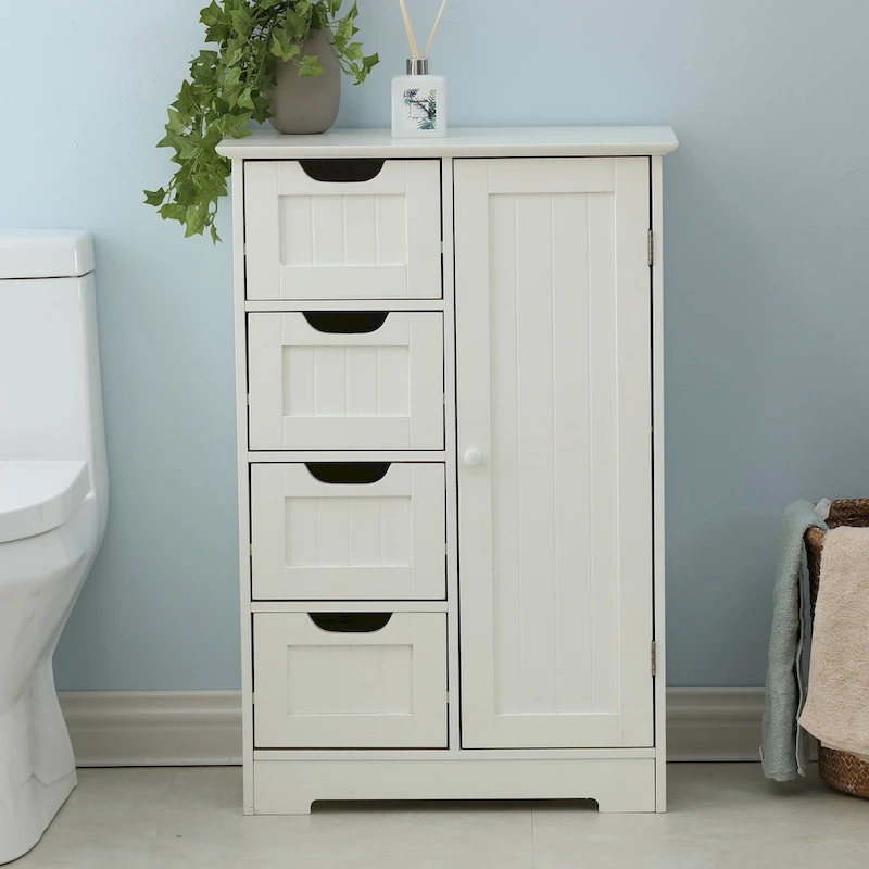 White Wood 4-Drawer 1-Door Bathroom Storage Cabinet - 32.68 H x 22.05 W x 11.81 D