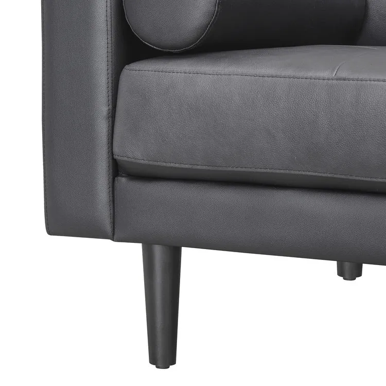 Modern Genuine Leather Sofa with Wooden Legs & Additional Bolster Pillow