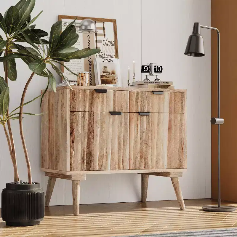 Mango Wood Accent Cabinet with 2 Drawers, Natural Grain Sideboard Storage Cabinet