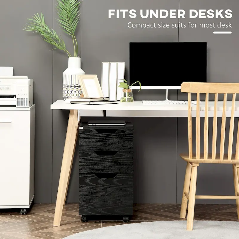 Modern 3-Drawer Office Storage Cabinet with Wheels, Black Wood Grain