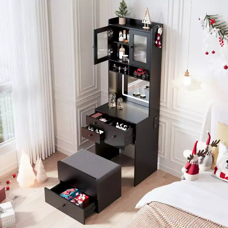 Compact Vanity, Make Up Vanity Desk with Mirror and Lights, White Vanity Table Set with Charger Station,Girls Small Vanity and Storage Chair