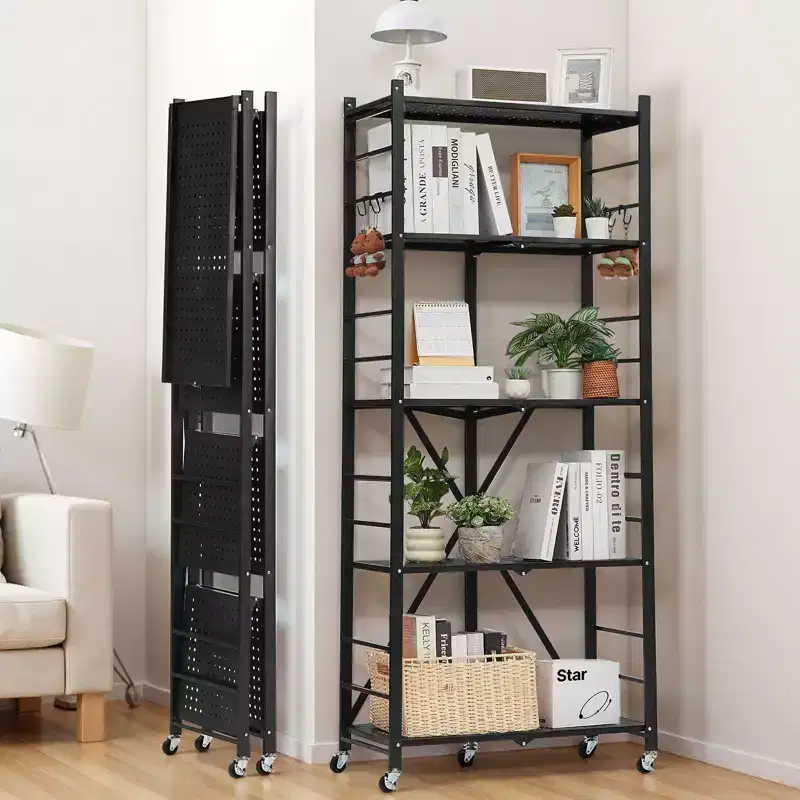 5-Tier Foldable Storage Shelf with Wheels, 28x13x66-Inch Metal Shelving Unit