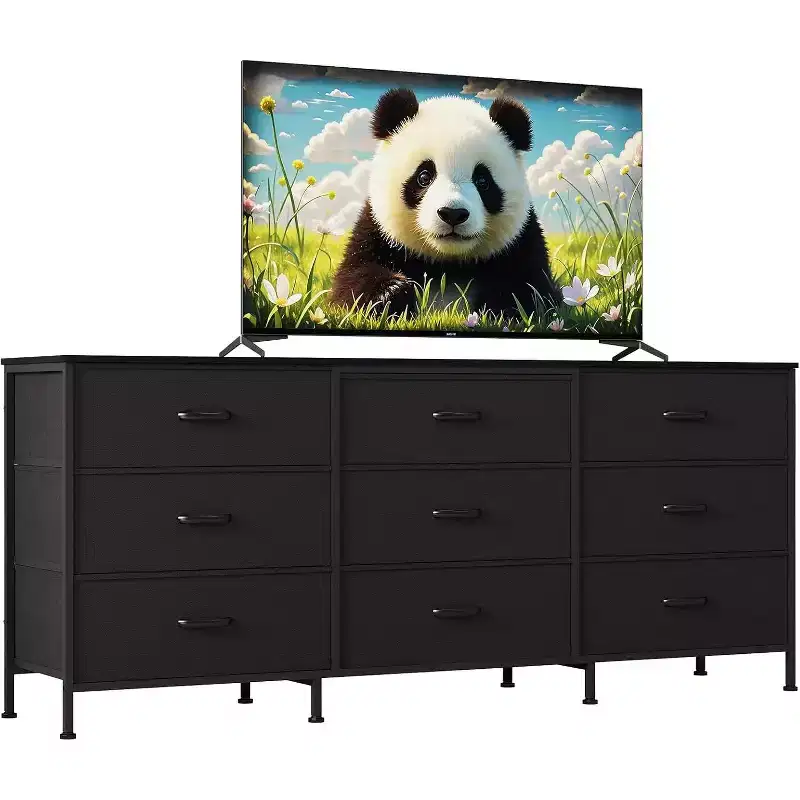 DobleePy 63 Entertainment Center with 9-Drawer Dresser, TV Stand for 55-70 Inch TVs, Fabric Storage Cabinet for Living Room Bedroom, Metal Frame