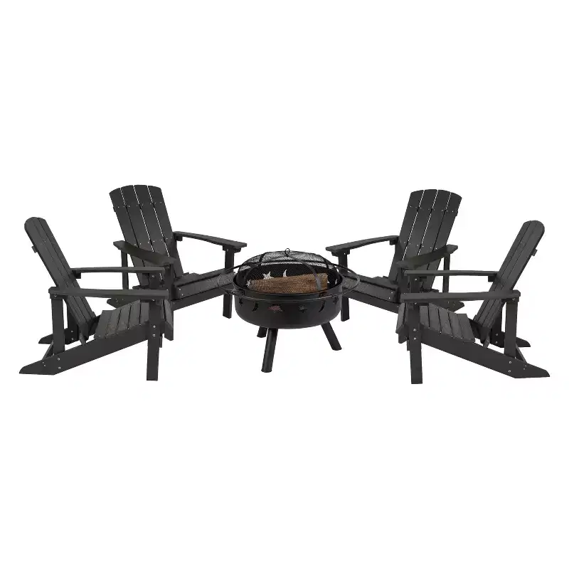 Merrick Lane Ayala 5 Piece Outdoor Leisure Set with Set of 4 Poly Resin Adirondack Chairs and Star and Moon Iron Fire Pit