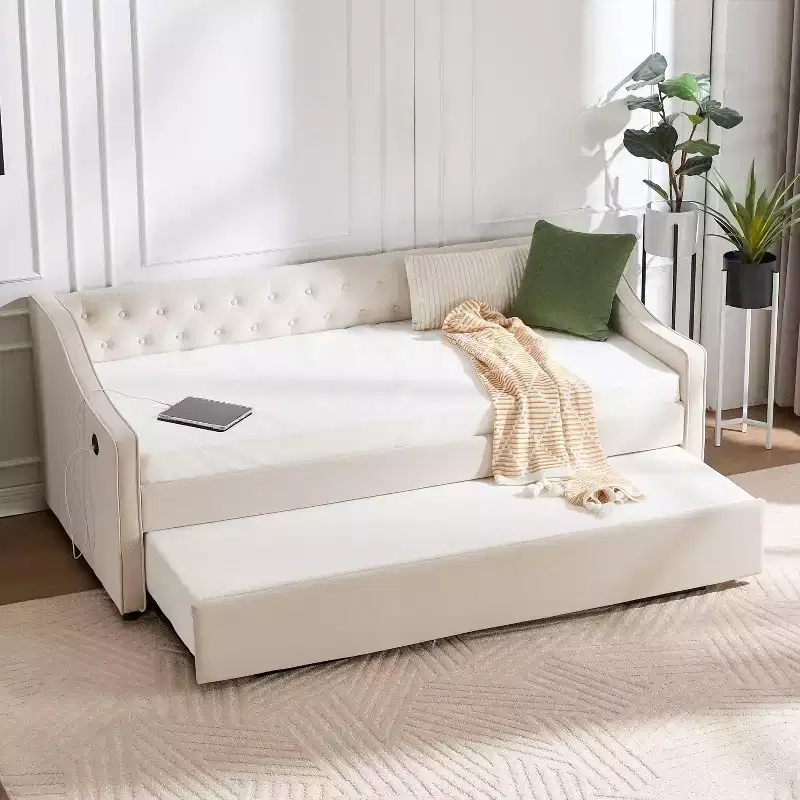 Twin Size Daybed with Trundle, Velvet Sofa Bed with USB Port, Side Pockets, Button Back for Bedroom, Living Room - ModernLuxe