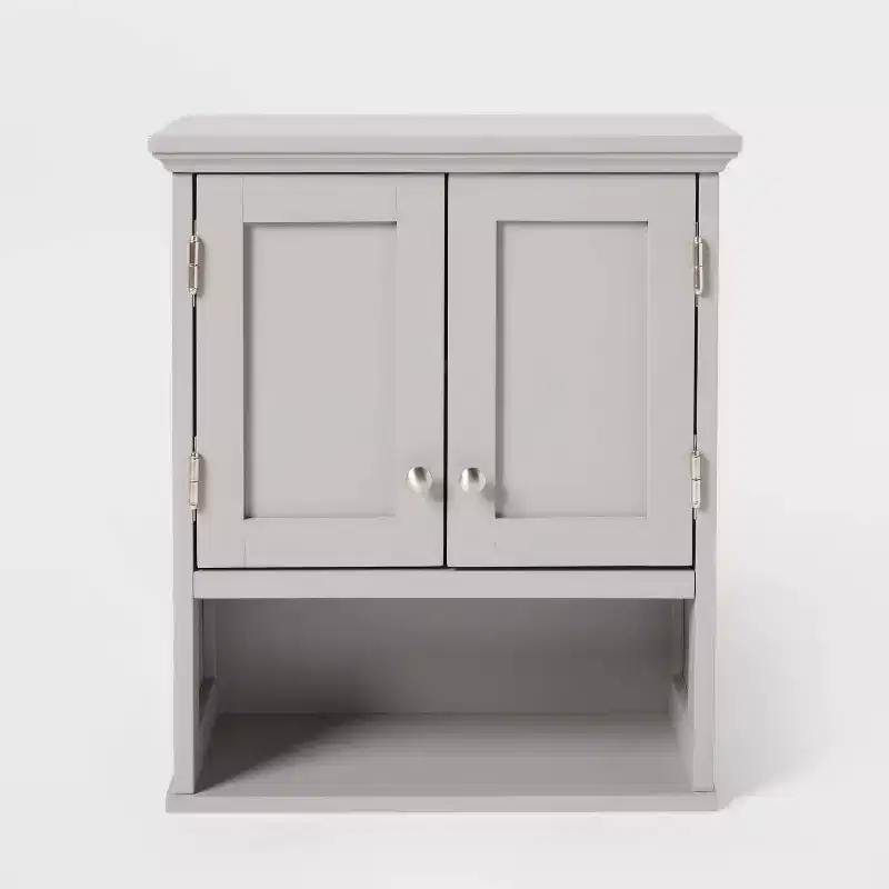 Wood Wall Storage Cabinet with Open Shelves and Door - Gray