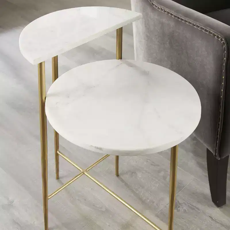 Patna Marble Top Accent Table White/Brass: Brass-Finish Iron Base, Half-Moon Shelf