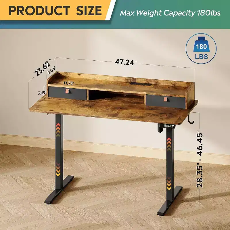 GALAXHERO 4824 Inch Electric Adjustable Standing Desk with Drawers for Home Office, Sit to Stand Desk with Storage Shelf