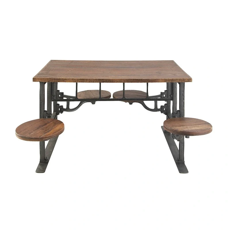 Teak Wood Dining Table with Attached Bench Seats, Rustic Brown, Solid Wood Indoor Outdoor Dining