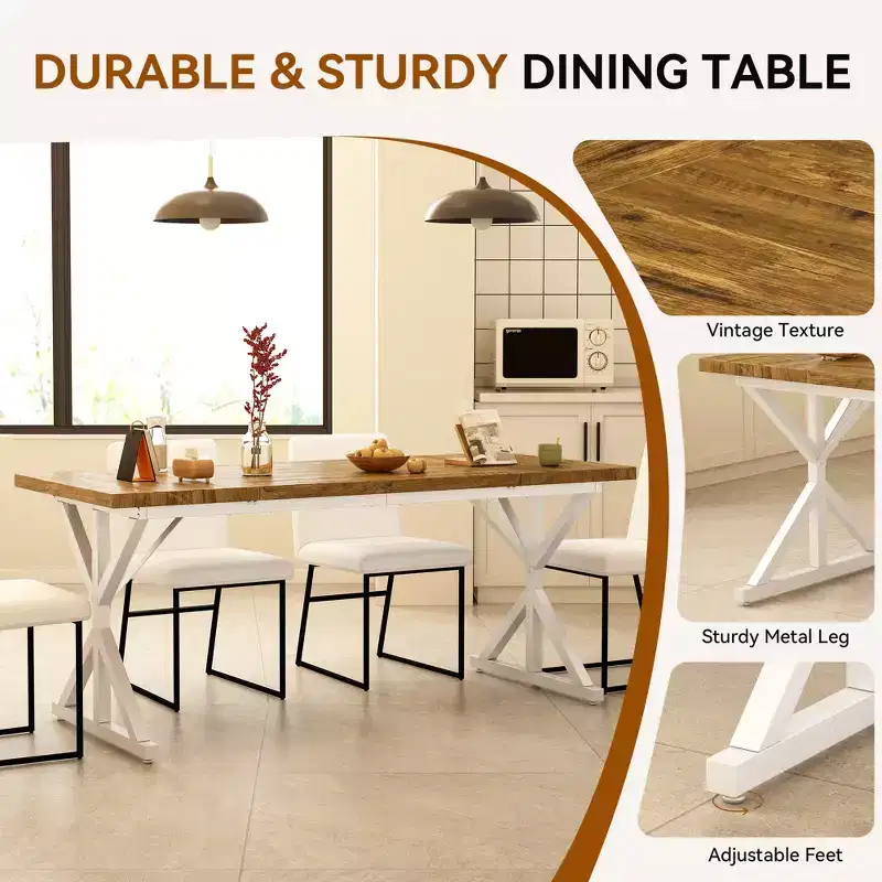 Vipbear Farmhouse Dining Table for 6 People,70.8 Inch Rectangular Wood Dining Table, Rustic Kitchen Table with Heavy Duty Metal Legs for Dining Room