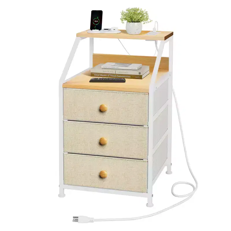 2-Shelf 3-Drawer Modern Nightstand End Table with Charging Station, Taupe